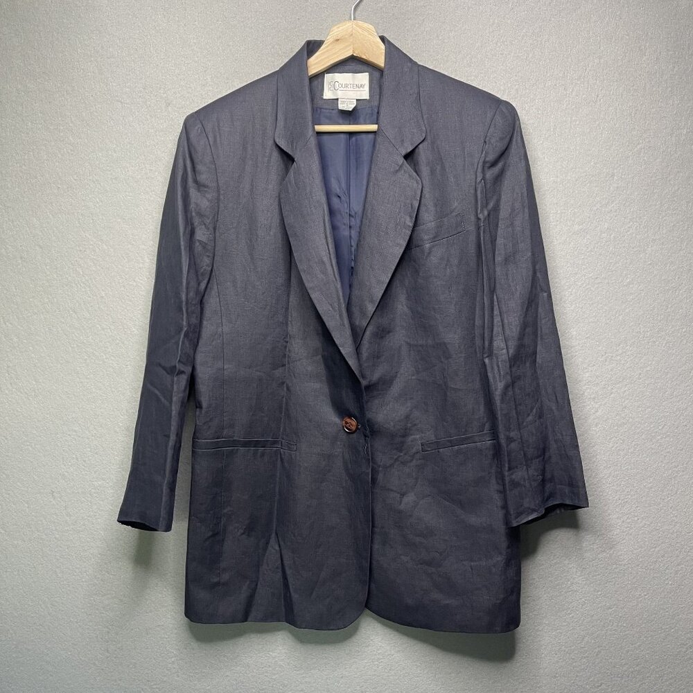 Vtg Courtenay Womens Navy Blue Linen Blazer Size 6 Single-Button Lightweight